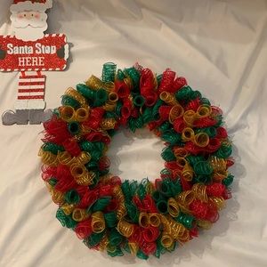 Christmas wreath and Santa sign  red, gold and green 18 in diameter $15